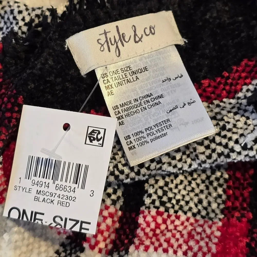 Style & Co Plaid Fringe Scarf Red Black Cozy Knit Winter OS
